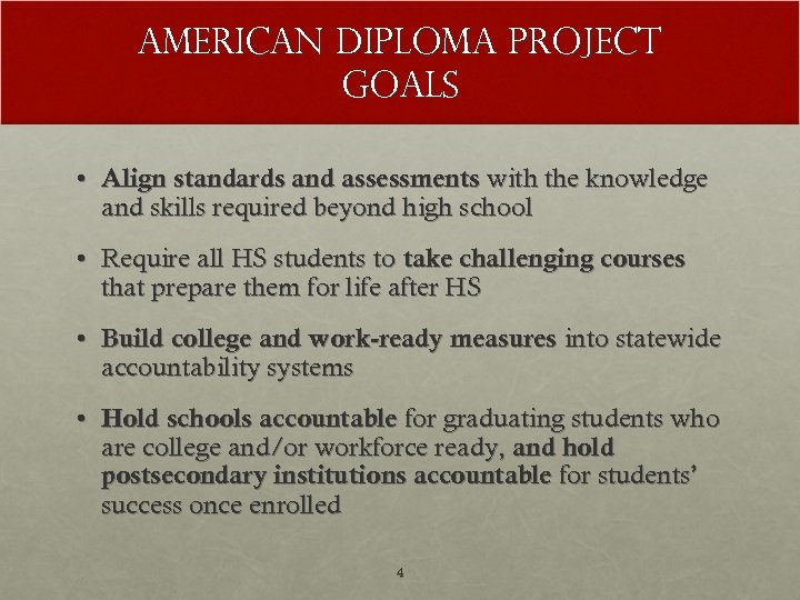 American Diploma Project Goals • Align standards and assessments with the knowledge and skills