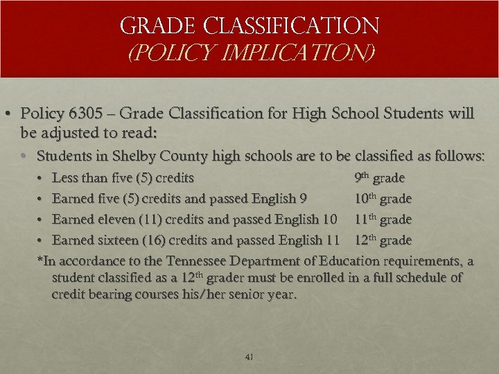 Grade classification (POLICY IMPLICATION) • Policy 6305 – Grade Classification for High School Students