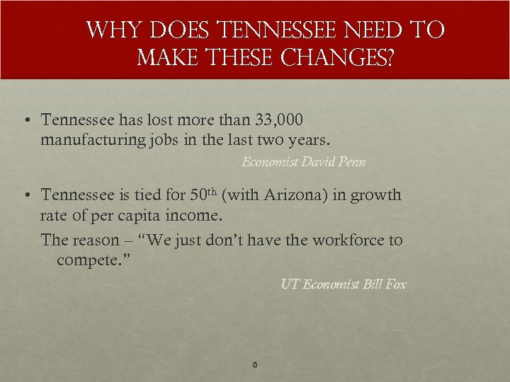 Why does Tennessee need to make these changes? • Tennessee has lost more than