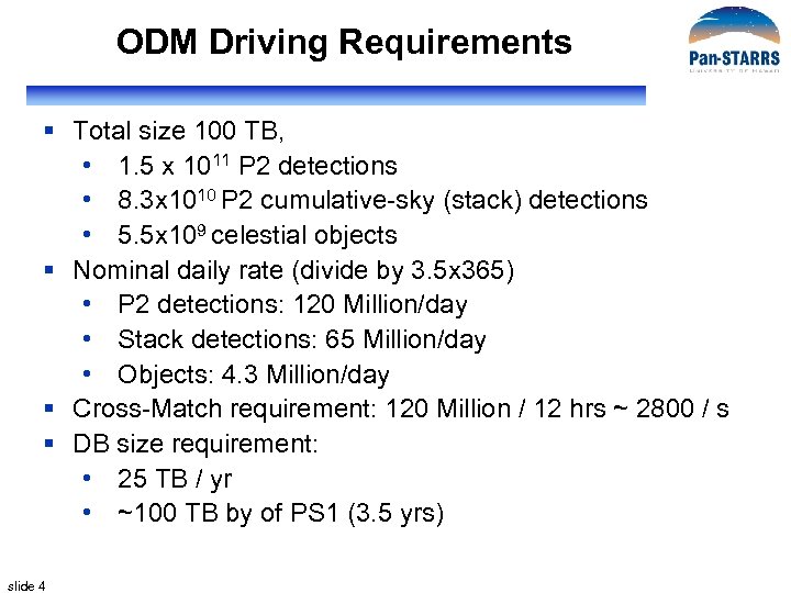 ODM Driving Requirements § Total size 100 TB, • 1. 5 x 1011 P