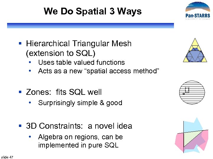 We Do Spatial 3 Ways § Hierarchical Triangular Mesh (extension to SQL) • Uses