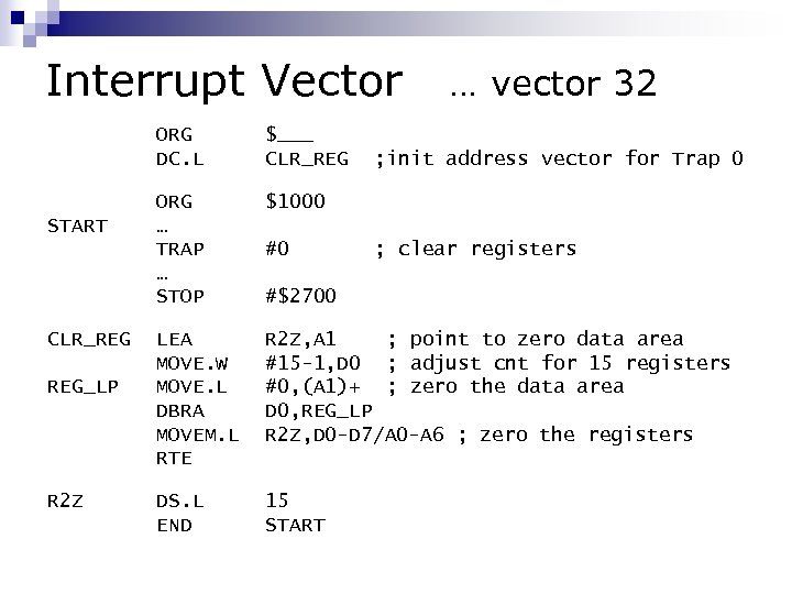 Interrupt Vector … vector 32 ORG DC. L START CLR_REG REG_LP R 2 Z