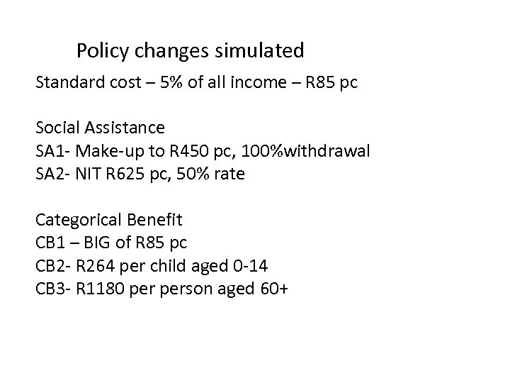 Policy changes simulated Standard cost – 5% of all income – R 85 pc