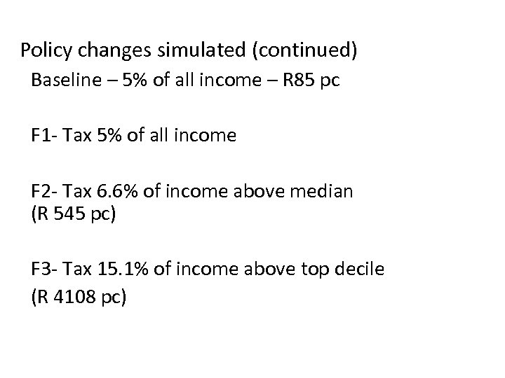 Policy changes simulated (continued) Baseline – 5% of all income – R 85 pc