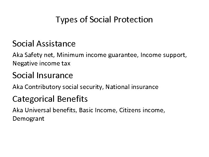 Types of Social Protection Social Assistance Aka Safety net, Minimum income guarantee, Income support,