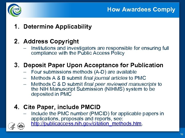 How Awardees Comply 1. Determine Applicability 2. Address Copyright – Institutions and investigators are