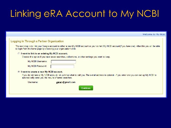 Linking e. RA Account to My NCBI 