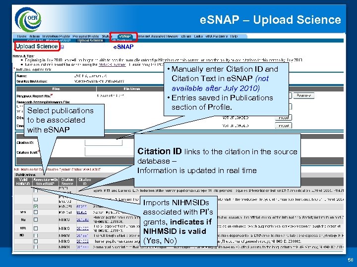 e. SNAP – Upload Science e. SNAP Select publications to be associated with e.