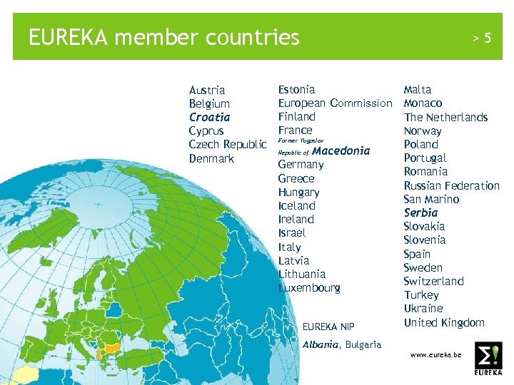 EUREKA member countries Austria Belgium Croatia Cyprus Czech Republic Denmark >5 Estonia European Commission
