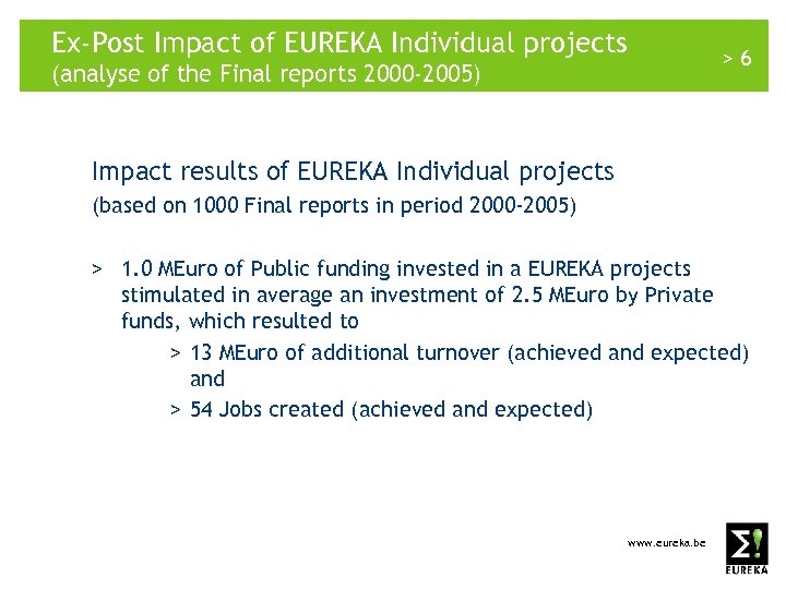 Ex-Post Impact of EUREKA Individual projects >6 (analyse of the Final reports 2000 -2005)