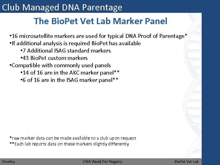 Club Managed DNA Parentage The Bio. Pet Vet Lab Marker Panel • 16 microsatellite