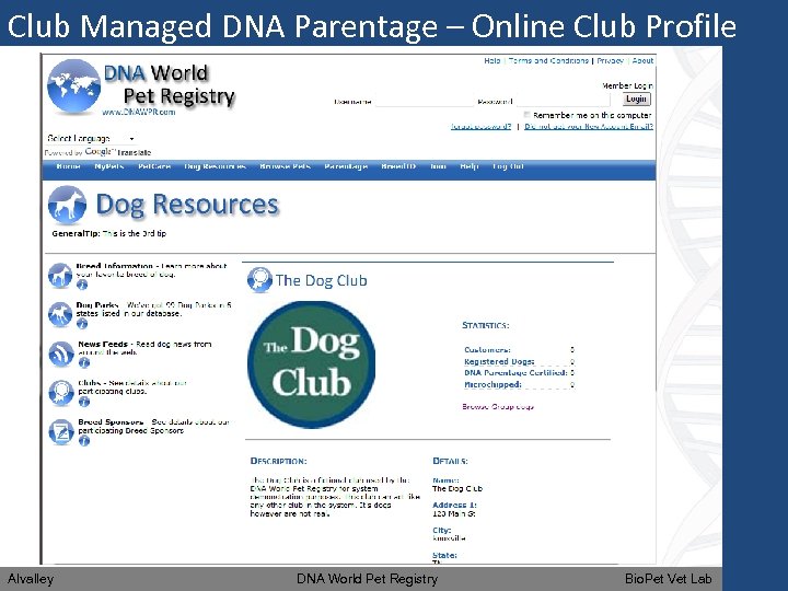 Club Managed DNA Parentage – Online Club Profile Alvalley DNA World Pet Registry Bio.