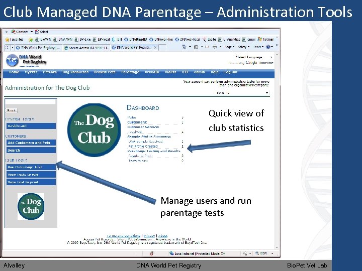 Club Managed DNA Parentage – Administration Tools Quick view of club statistics Manage users