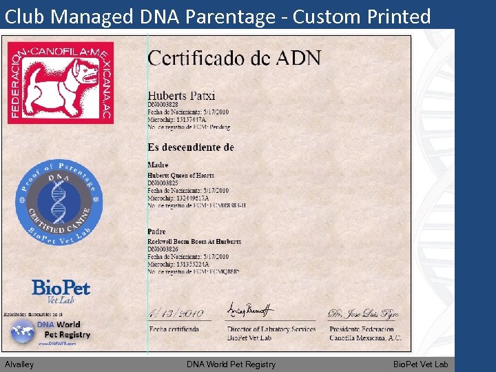 Club Managed DNA Parentage - Custom Printed Certificates Alvalley DNA World Pet Registry Bio.