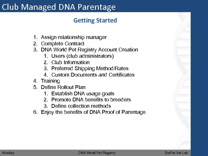 Club Managed DNA Parentage Getting Started 1. Assign relationship manager 2. Complete Contract 3.