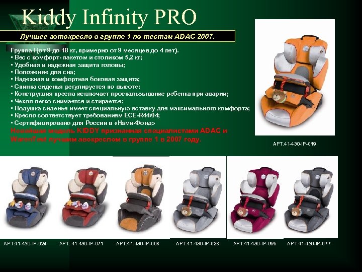Kiddy Infinity PRO Лучшее автокресло в группе 1 по тестам ADAC 2007. Группа I