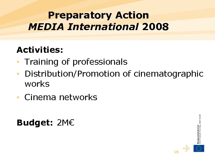 Preparatory Action MEDIA International 2008 Activities: • Training of professionals • Distribution/Promotion of cinematographic