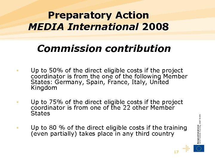 Preparatory Action MEDIA International 2008 Commission contribution • Up to 50% of the direct