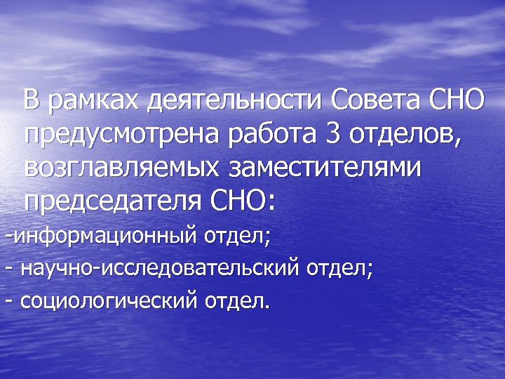 В рамках деятельности Совета СНО предусмотрена работа 3 отделов, возглавляемых заместителями председателя СНО: -информационный