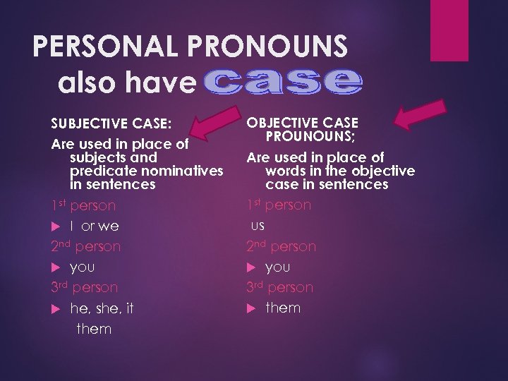 PERSONAL PRONOUNS also have SUBJECTIVE CASE: Are used in place of subjects and predicate