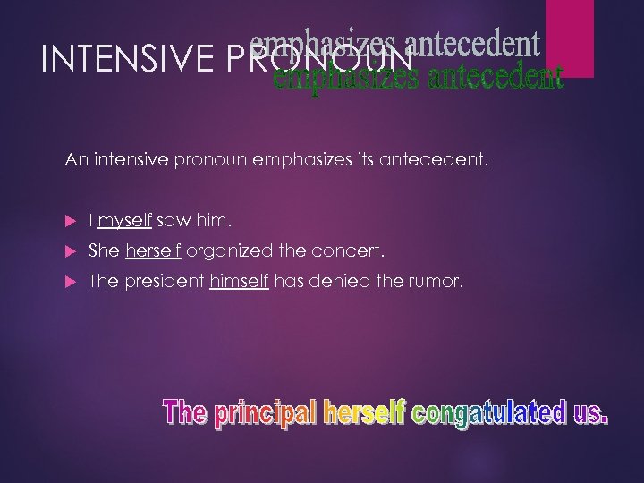INTENSIVE PRONOUN An intensive pronoun emphasizes its antecedent. I myself saw him. She herself