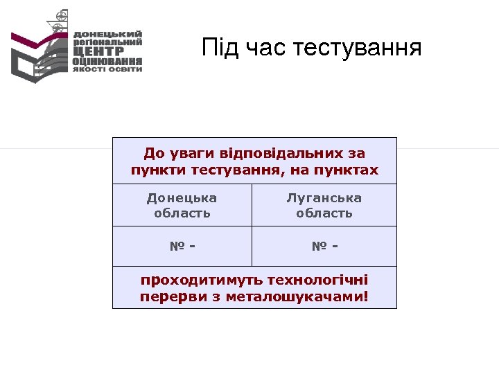 Під час тестування До уваги відповідальних за пункти тестування, на пунктах Донецька область Луганська