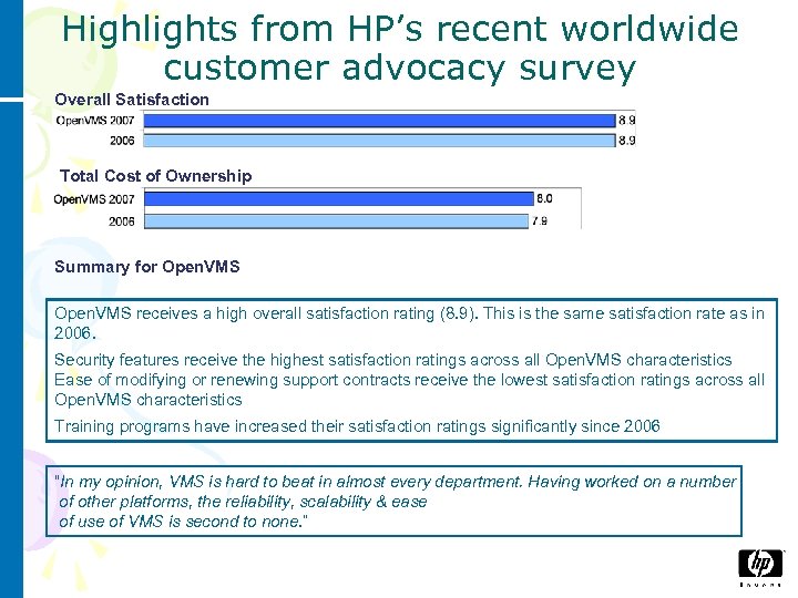 Highlights from HP’s recent worldwide customer advocacy survey Overall Satisfaction Total Cost of Ownership