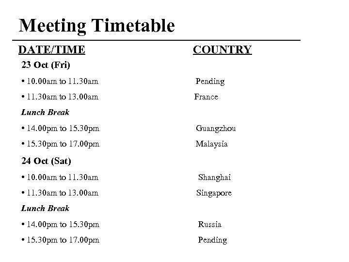 Meeting Timetable DATE/TIME COUNTRY 23 Oct (Fri) • 10. 00 am to 11. 30