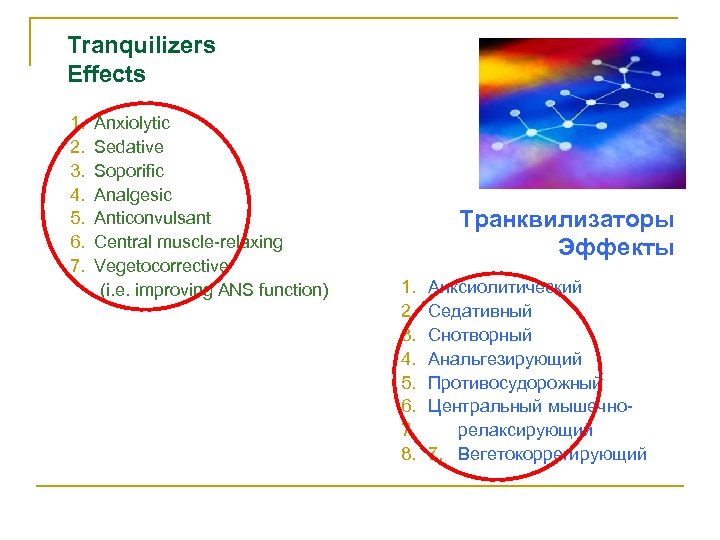 Tranquilizers Effects 1. 2. 3. 4. 5. 6. 7. Anxiolytic Sedative Soporific Analgesic Anticonvulsant