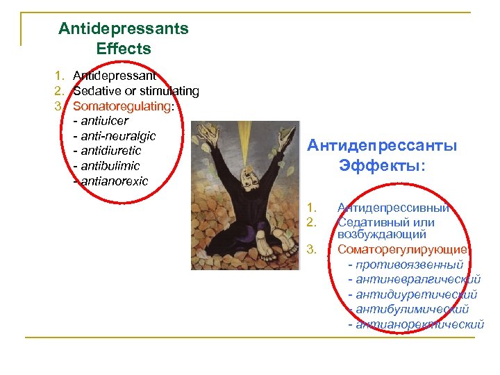 Antidepressants Effects 1. Antidepressant 2. Sedative or stimulating 3. Somatoregulating: - antiulcer - anti-neuralgic