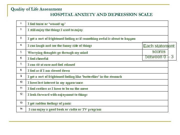 Quality of Life Assessment HOSPITAL ANXIETY AND DEPRESSION SCALE 1. I feel tense or