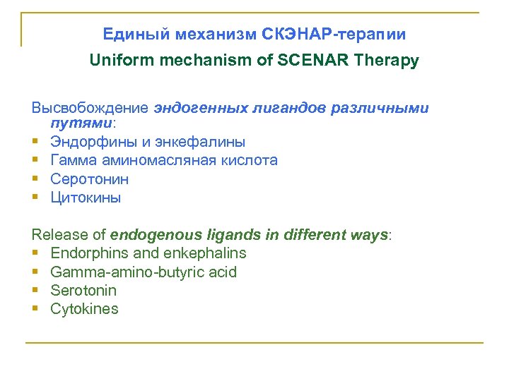 Единый механизм СКЭНАР-терапии Uniform mechanism of SCENAR Therapy Высвобождение эндогенных лигандов различными путями: §