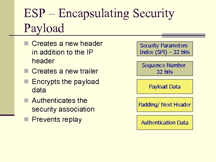 ESP – Encapsulating Security Payload n Creates a new header n n in addition