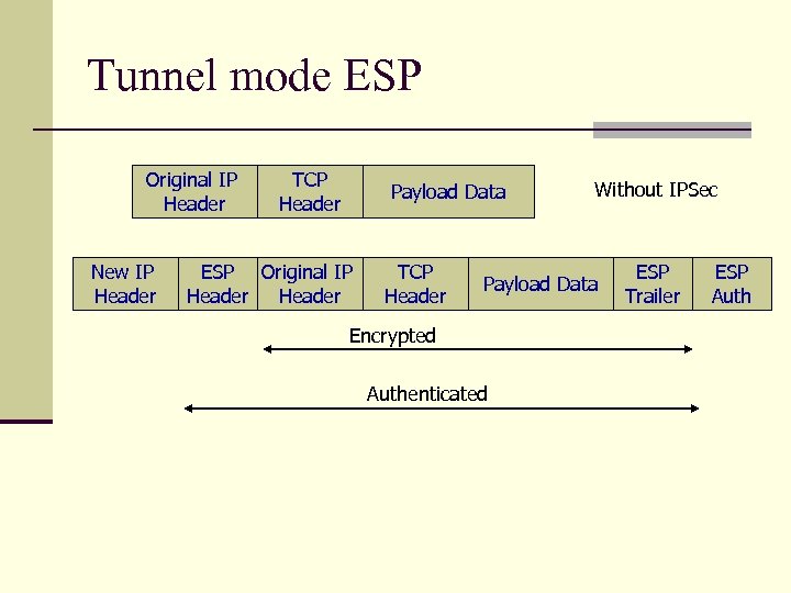 Tunnel mode ESP Original IP Header New IP Header TCP Header Payload Data ESP
