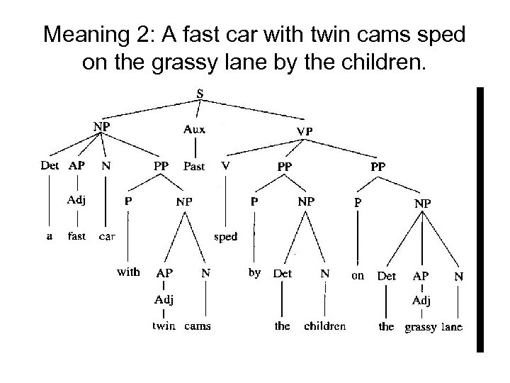 Meaning 2: A fast car with twin cams sped on the grassy lane by