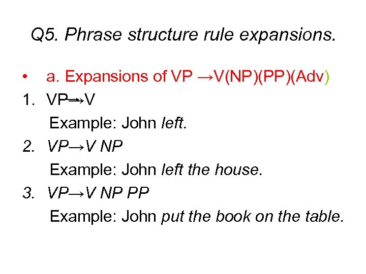 Q 5. Phrase structure rule expansions. • a. Expansions of VP →V(NP)(PP)(Adv) 1. VP→V