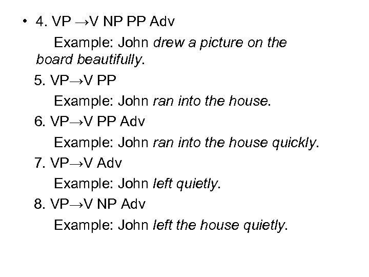  • 4. VP →V NP PP Adv Example: John drew a picture on