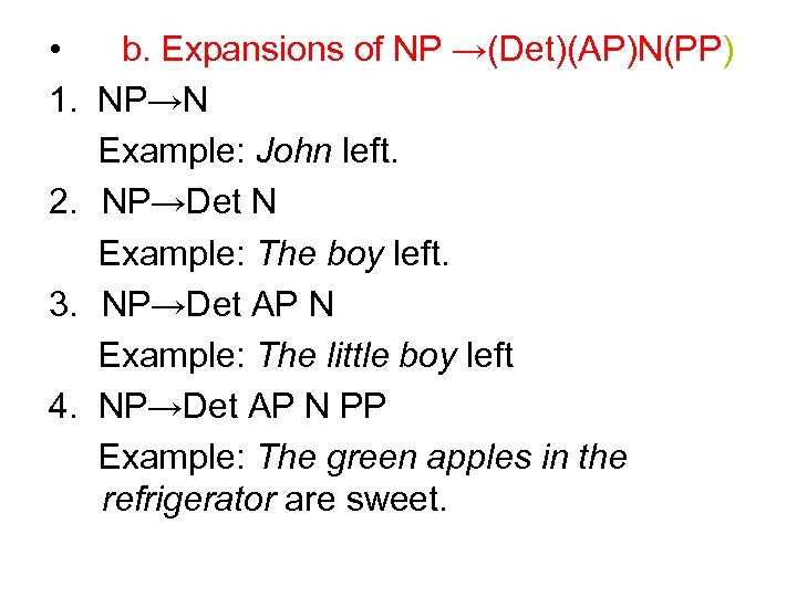  • b. Expansions of NP →(Det)(AP)N(PP) 1. NP→N Example: John left. 2. NP→Det