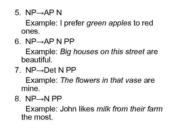 5. NP→AP N Example: I prefer green apples to red ones. 6. NP→AP N