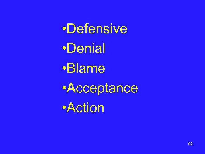  • Defensive • Denial • Blame • Acceptance • Action 62 