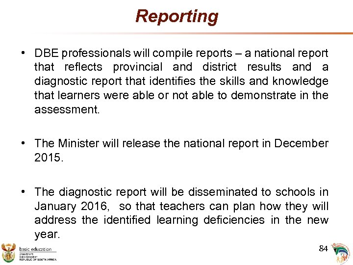 Reporting • DBE professionals will compile reports – a national report that reflects provincial