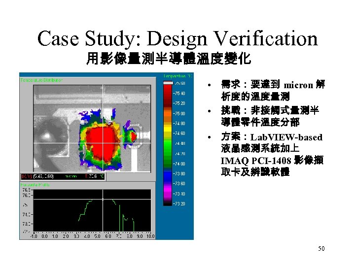 Case Study: Design Verification 用影像量測半導體溫度變化 • 需求：要達到 micron 解 析度的溫度量測 • 挑戰：非接觸式量測半 導體零件溫度分部 •