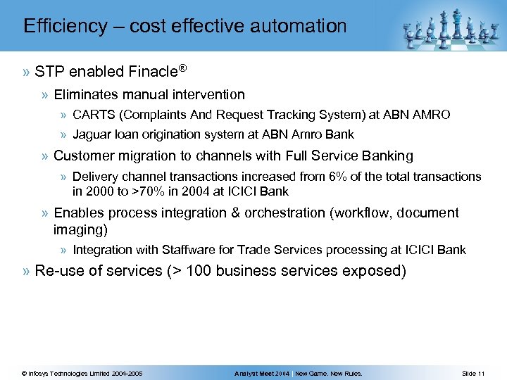 Efficiency – cost effective automation » STP enabled Finacle® » Eliminates manual intervention »