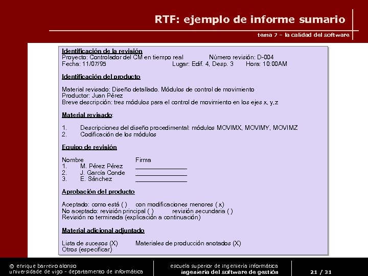 RTF: ejemplo de informe sumario tema 7 – la calidad del software Identificación de