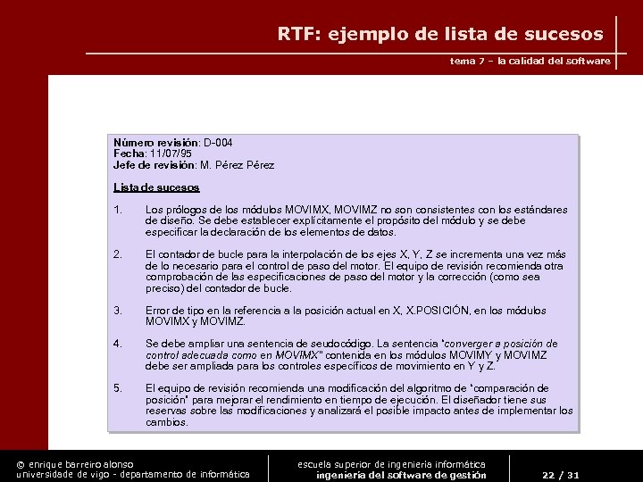 RTF: ejemplo de lista de sucesos tema 7 – la calidad del software Número