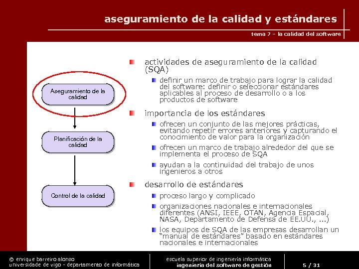 aseguramiento de la calidad y estándares tema 7 – la calidad del software actividades