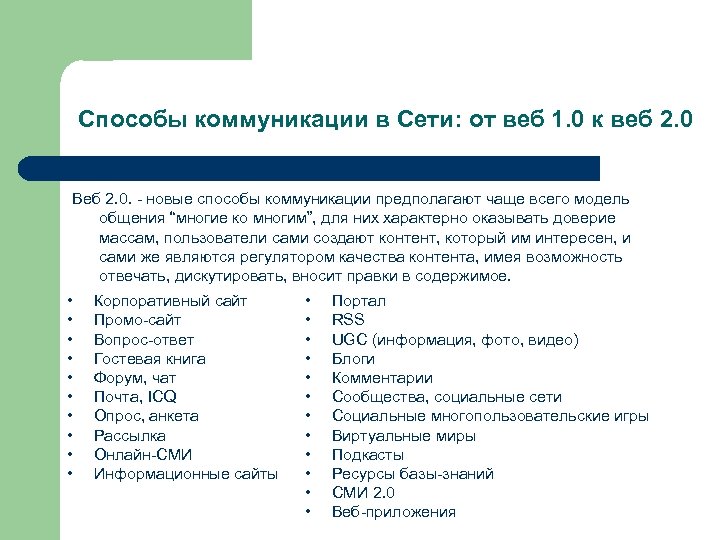 Способы коммуникации в Сети: от веб 1. 0 к веб 2. 0 Веб 2.