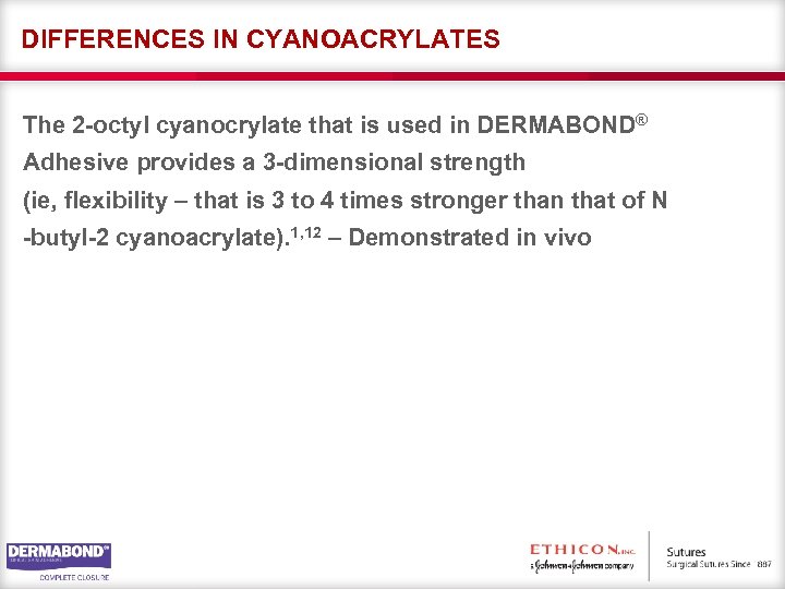 DIFFERENCES IN CYANOACRYLATES The 2 -octyl cyanocrylate that is used in DERMABOND® Adhesive provides