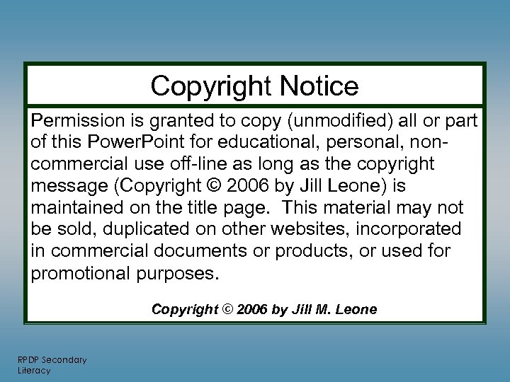 Copyright Notice Permission is granted to copy (unmodified) all or part of this Power.