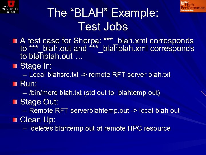 The “BLAH” Example: Test Jobs A test case for Sherpa: ***_blah. xml corresponds to